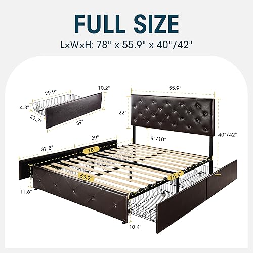 Miniatura 106 de WEEWAY Base de cama de plataforma tamaño Queen con 4 cajones de almacenamiento, cabecera capitonada con botones de costura de diamante, base de
