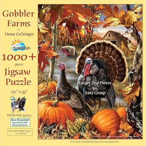 SUNSOUT INC - Gobbler Farms - Rompecabezas de 1000 piezas grandes por artista: Dona Gelsinger - Tamaño terminado 27" x 35" Acción de Gracias - MPN #