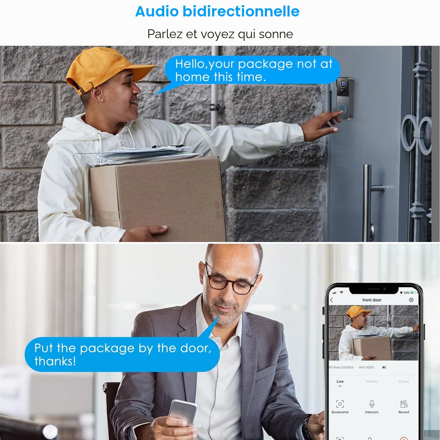 KAMEP Sonnette vidéo WiFi avec carillon, sonnette vidéo intelligente sans fil avec caméra alimentée par batterie, détection de mouvement PIR, HD 1080p, vision nocturne, support carte SD