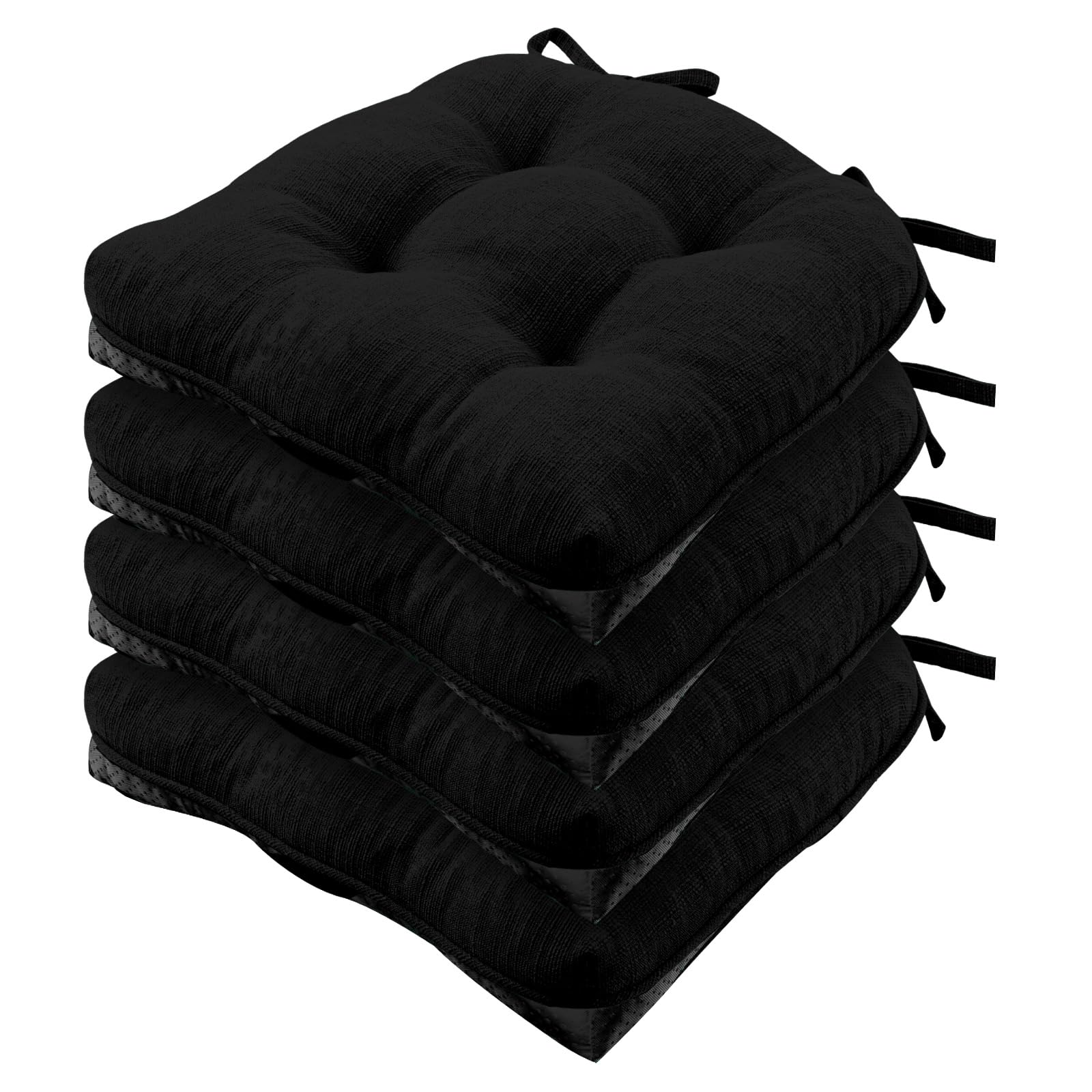 Wellsin Chair Cushions for Dining Chairs, Non-Slip Kitchen Chair Pads with Ties, Tufted Shredded Foam Kitchen Chair Cushions Set of 4, 15.5" X 15.5", Black