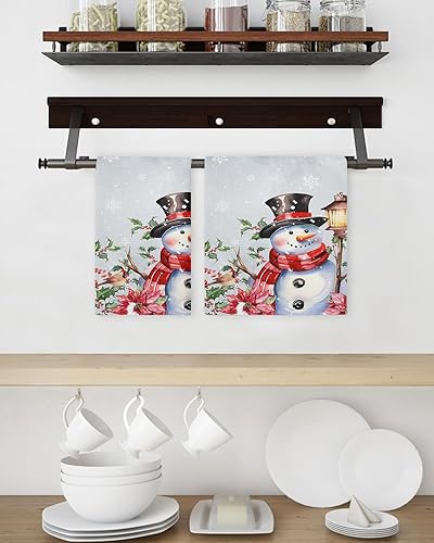 Miniatura 3 de Kitchen Towel 2 Packs Cotton Waffle Weave, Red Poinsettia Flower Berries Snowman Christmas Grey 16 x 24 Inch Absorbent Quick Drying Dish Towels