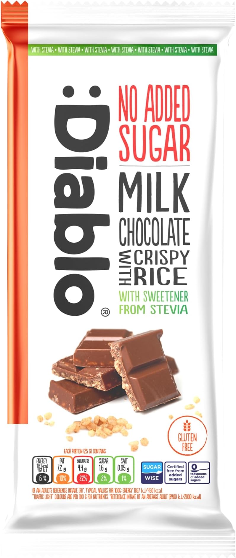 Diablo No Added Sugar Chocolate Bar – Milk Chocolate with Crispy Rice, Sweetened with Stevia, Gluten Free, Ideal for Any Occasion, Birthdays, Valentines, or Gift Hampers, 75g (Pack of 1)