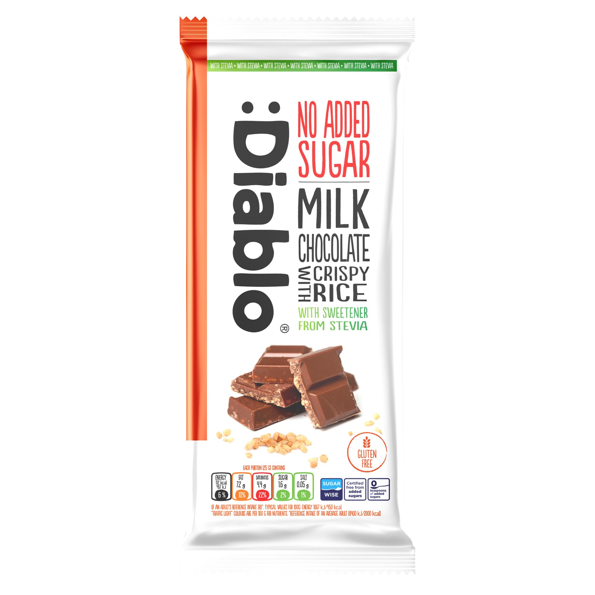 Diablo No Added Sugar Chocolate Bar – Milk Chocolate with Crispy Rice, Sweetened with Stevia, Gluten Free, Ideal for Any Occasion, Birthdays, Valentines, or Gift Hampers, 75g (Pack of 1)