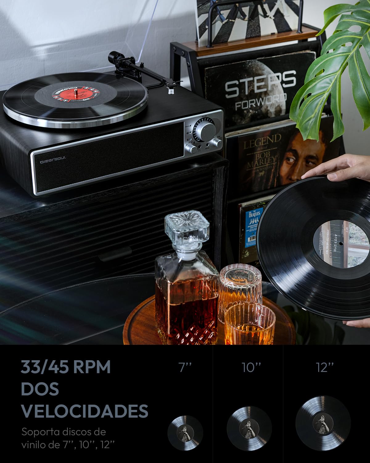 Qlearsoul One-Q Tocadiscos de Vinilo Todo-en-Uno con Bluetooth 5.4, Tocadiscos HiFi con Altavoces Integrados, Preamplificador de Fono, Cartucho AT-3600L, 33/45 RPM, Apagado Automático