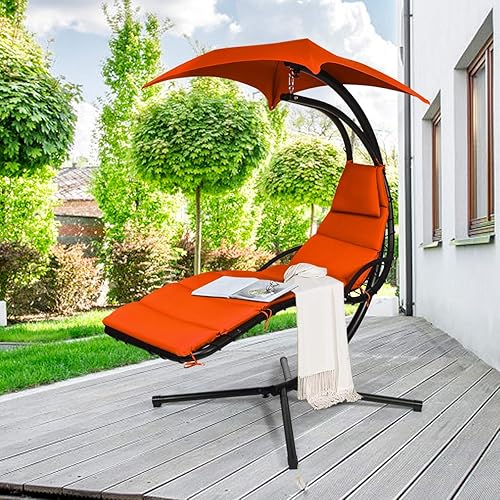 Miniatura 2 de Safstar - Silla hamaca con soporte, tumbona colgante con toldo extraíble y almohada integrada, columpio para colgar al aire libre, tumbona curva