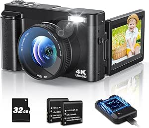 CAMKORY Cámara Digital 4K de 48 MP, cámara compacta, Enfoque automático con Pantalla Flip de 180°, Zoom Digital de 16X, cámara compacta con Tarjeta de 32 GB, 2 Pilas para Principiantes