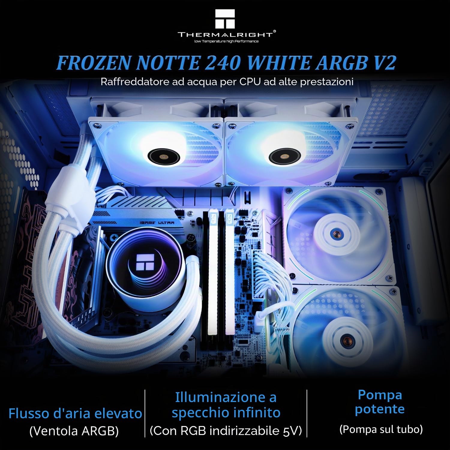 Thermalright Frozen Notte 240 WHITE ARGB V2 Sistema di raffreddamento CPU ad acqua, 240 White, con doppia ventola PWM, cuscinetti S-FDB, adatto per AMD/AM4 AM5, Intel LGA 1700/1150/1151/1200/2011