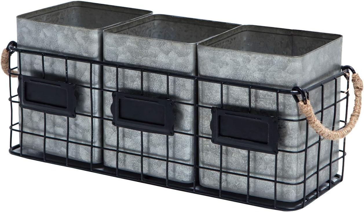 NIKKY HOME Farmhouse 3 Compartment Galvanized Flatware Cutlery Caddy Countertop Silverware Holder for Spoons, Knives, Forks - Silver