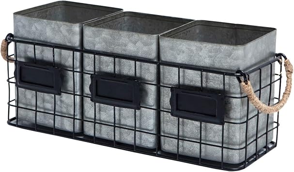 NIKKY HOME Farmhouse 3 Compartment Galvanized Flatware Cutlery Caddy Countertop Silverware Holder for Spoons, Knives, Forks - Silver
