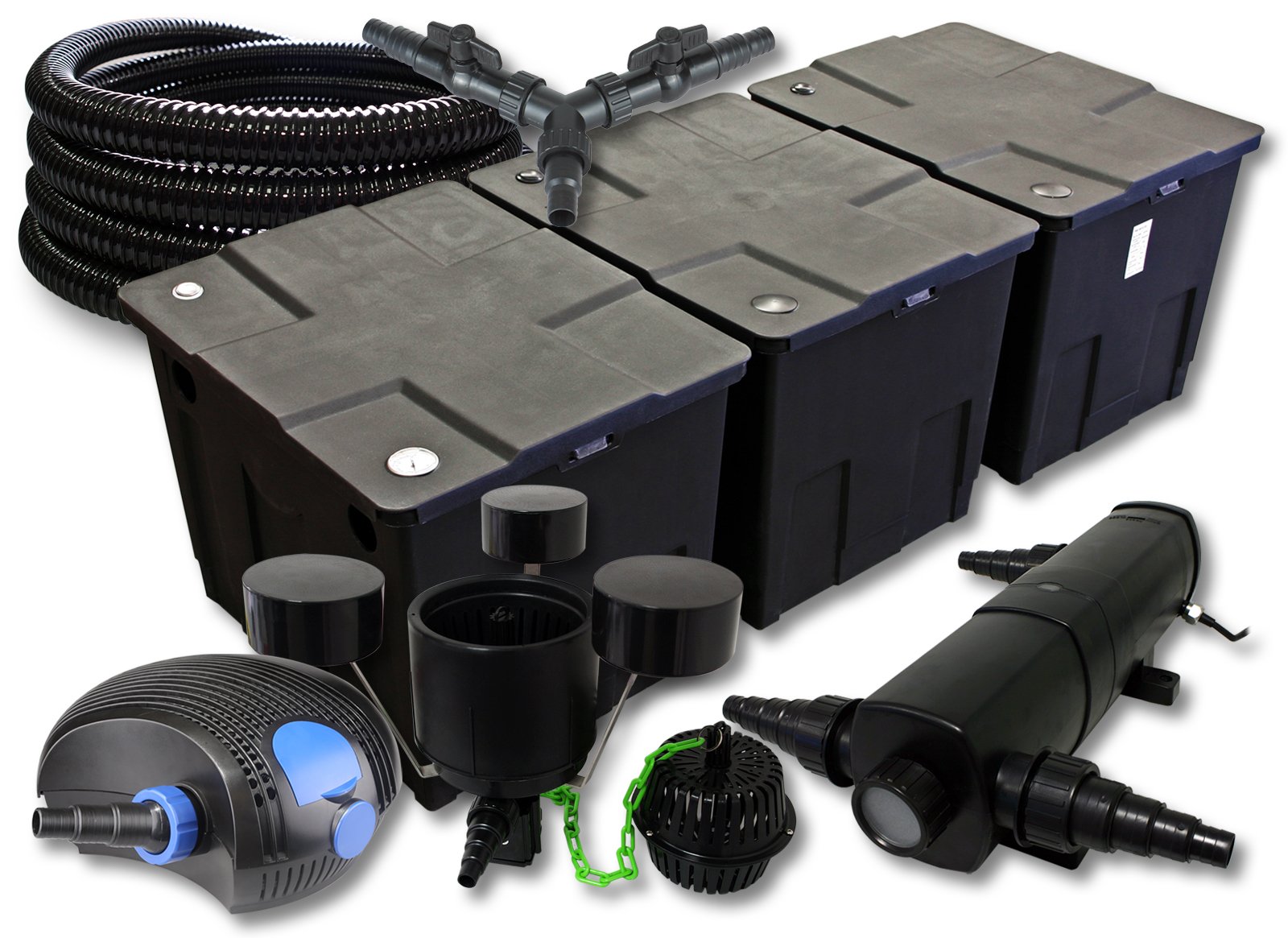 Set filtro SunSun per laghetto da 90000l Chiarificatore 24W Pompa ECO 100W Tubo 25m Skimmer