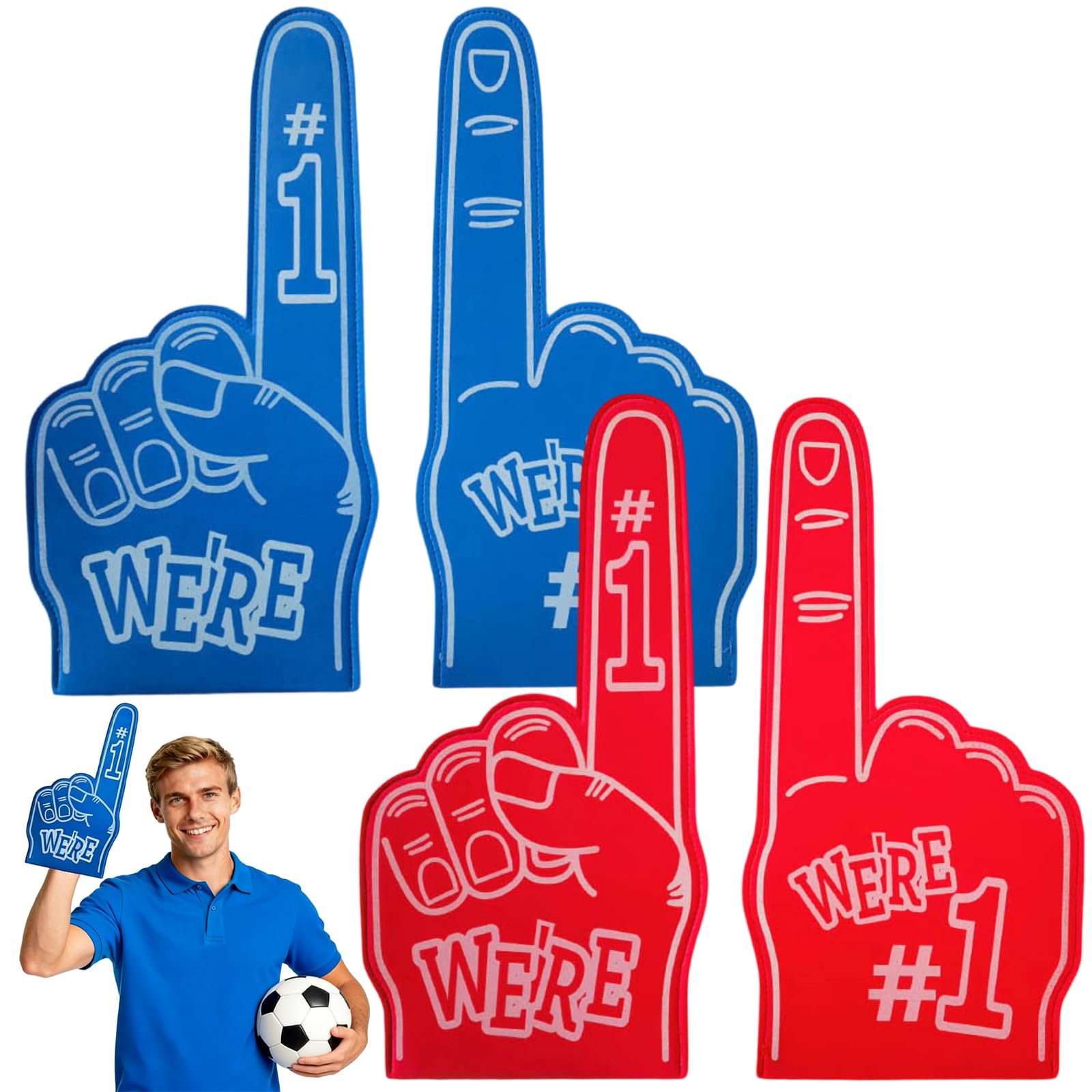 4 Pcs Giant Foam Finger Gladiators, Number 1 Giant Foam Hands Party Props Sports Fan Accessories for Sports Games Team Spirit and Cheering Parties (Blue, Red)