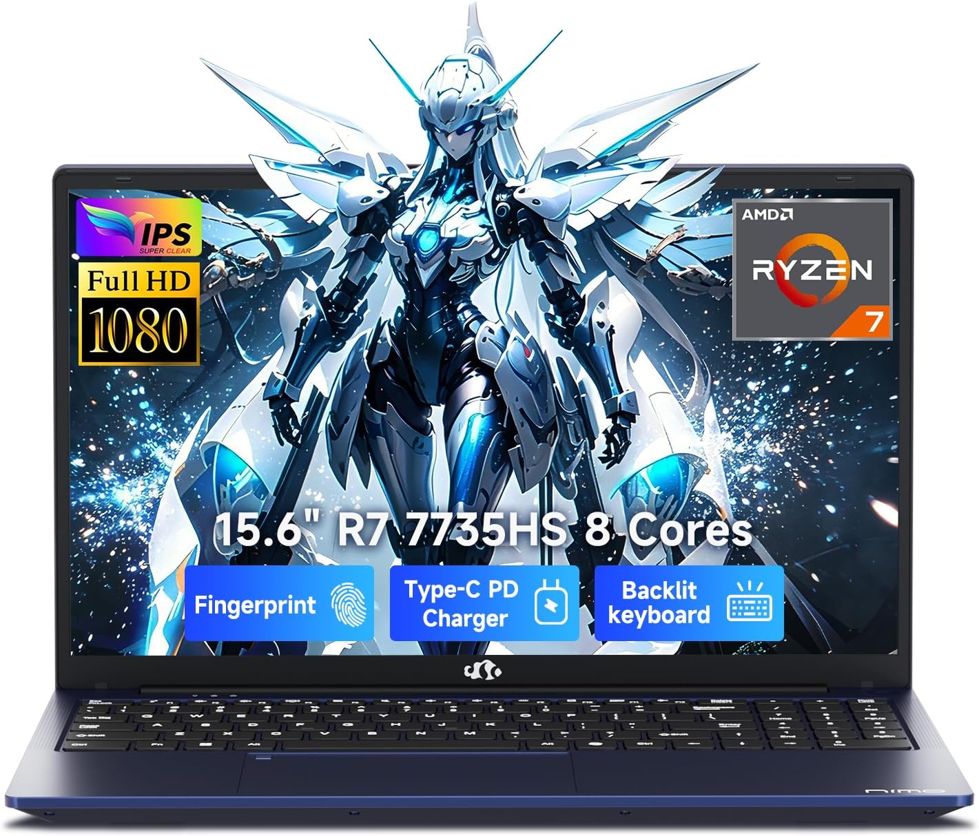 NIMO Gaming Laptop, 15.6" FHD Laptop with AMD R7 7735HS (8 Cores, Up to 4.75GHz), 16GB DDR5 256GB SSD Laptop for Business & Student, Radeon 680M, 100W Type-C, 180° Viewing, Backlit KB, Dual Fans