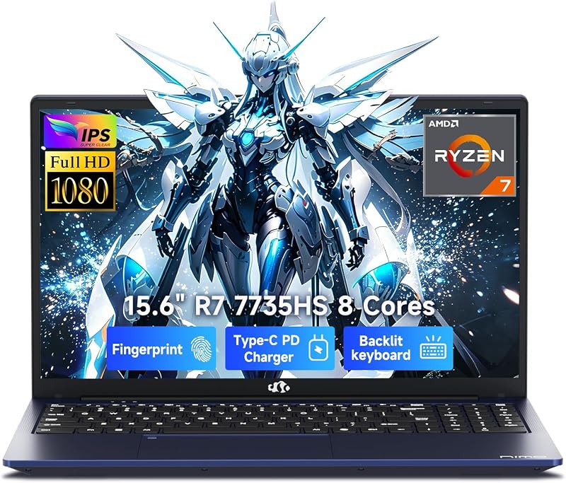 NIMO 15.6" FHD Gaming Laptop, AMD R7 7735HS (Up to 4.75GHz, Beat i7-12650H) Computer with 16GB DDR5 RAM 256GB SSD, 180° View, 2-Yr Warranty, Radeon 680M, 100W Fast PD, for Business Creator & Student