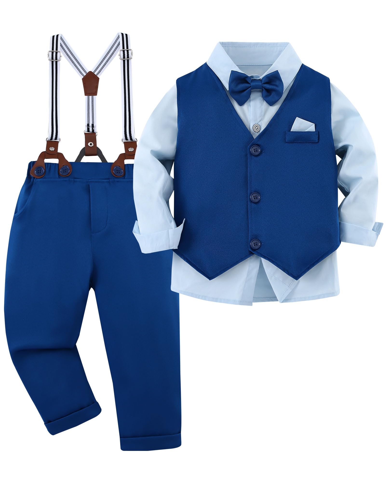 YUEMION Toddler Baby Boy Clothes Suits Gentleman Dress Shirt+Bowtie+Vest+Suspender Pants Boy Formal Wedding Outfits Set 1-5T