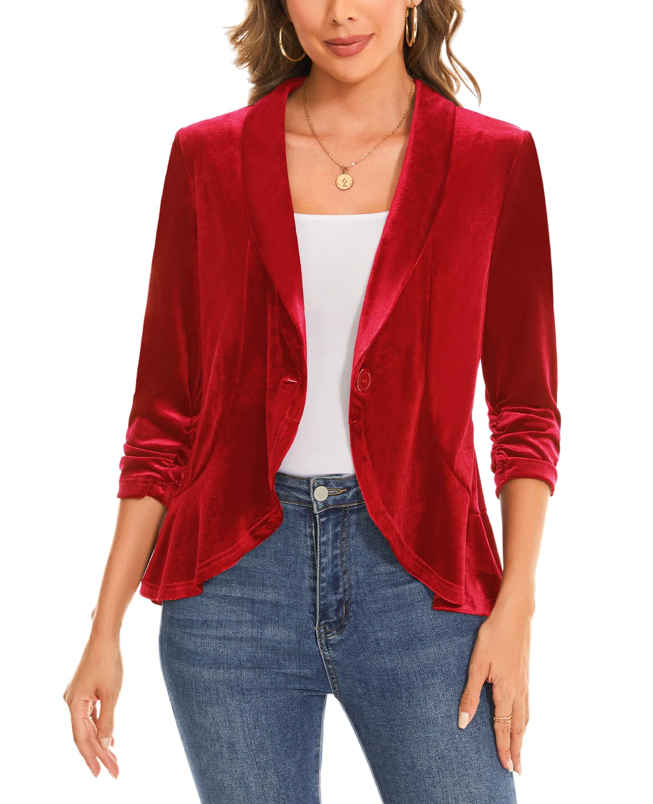 MINTLIMIT Womens Velvet Blazer Ruched 3 4 Sleeve Shawl Lapel Button Front Ruffle Tailored Cardigan Suit Jacket Blazer