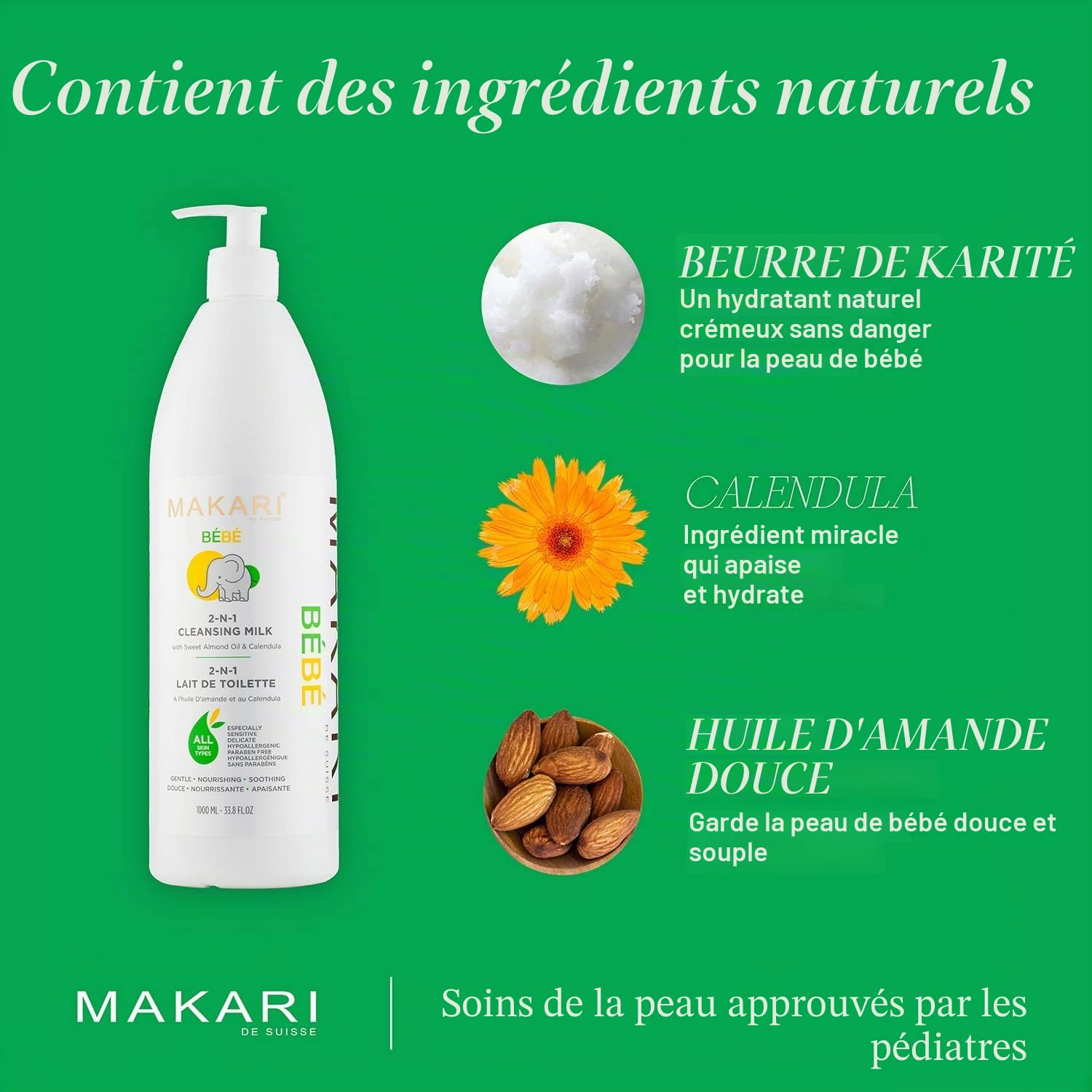 Makari Bébé Lait Nettoyant 1000 ml | lait de toilette bebe corps infantile | Texture adoucissante peau sèche | Confort épiderme délicat | Dès 3 mois | Peau sensible