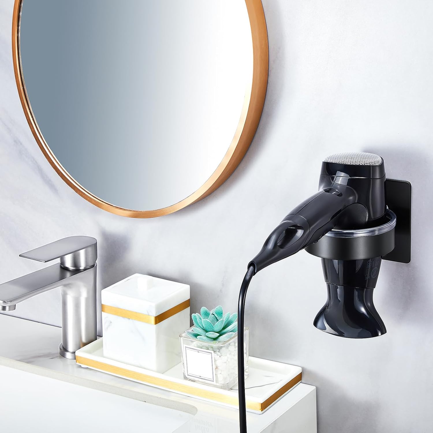 Wall Mount Hair Dryer Holder, Adhesive Blow Dryer Holder Black, Metal Hair Dryer Hanger Organizer, Hairdryer Holder for Bathroom Vanity