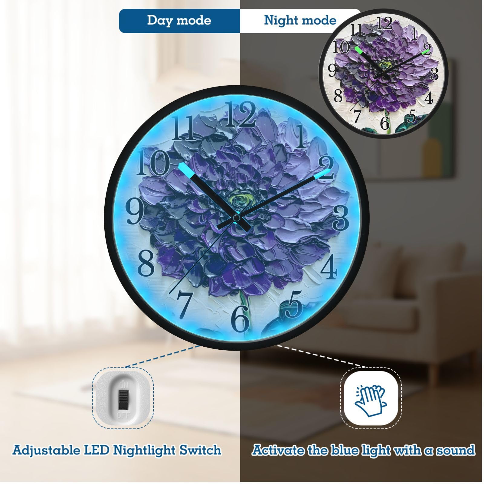 Mnsruu Dhalia - Reloj de pared luminoso con diseño de flores y hojas verdes, funciona con pilas, silencioso, brilla en la oscuridad, para sala de estar, cocina, 30,5 cm