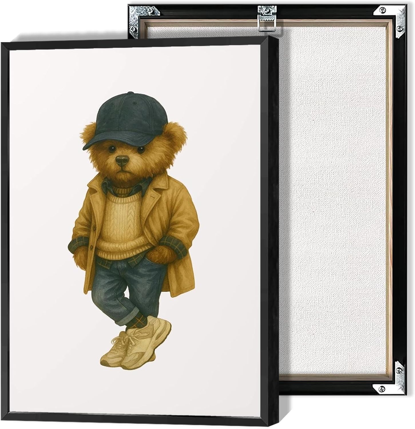 Trendy Golf Bear Poster Preppy Sports Animal Canvas Wall Art Abstract Minimalist Brown Stripes Little Bear Prints Painting For Living Room Bedroom Apartment Wall Decor 12x16in Framed