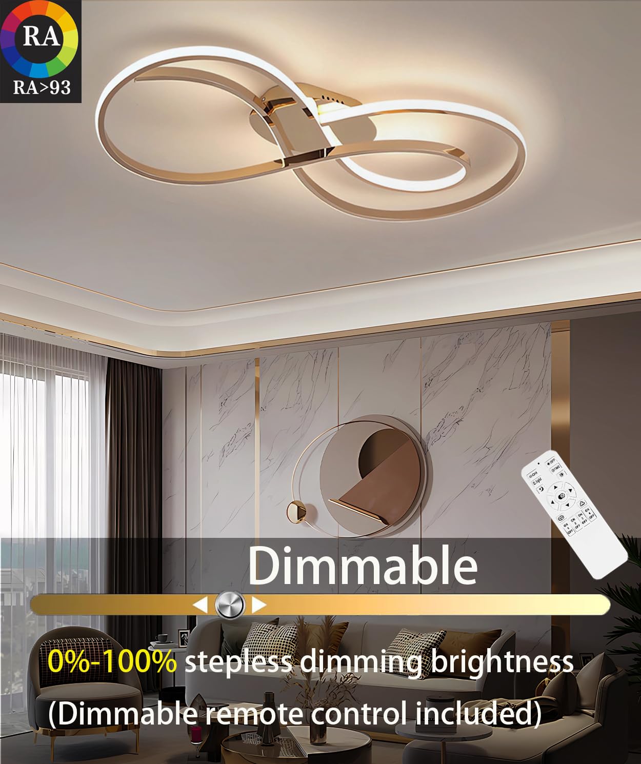 Lampa sufitowa LED 3000-6000K Ściemnialna lampa do salonu z pilotem Ściemnianie Lampa sufitowa do sypialni Nowoczesne oświetlenie sufitowe Żyrandol Oprawy oświetleniowe wewnętrzne (Złoto, L80cm)