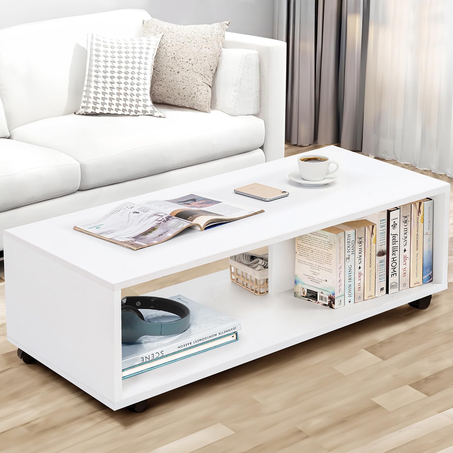 about space coffee table - center table for living room with wheels, engineered wood rectangle tea table with storage, teapoy for hall lounge office - white (l 80 x b 40 x h 41.5 cm)