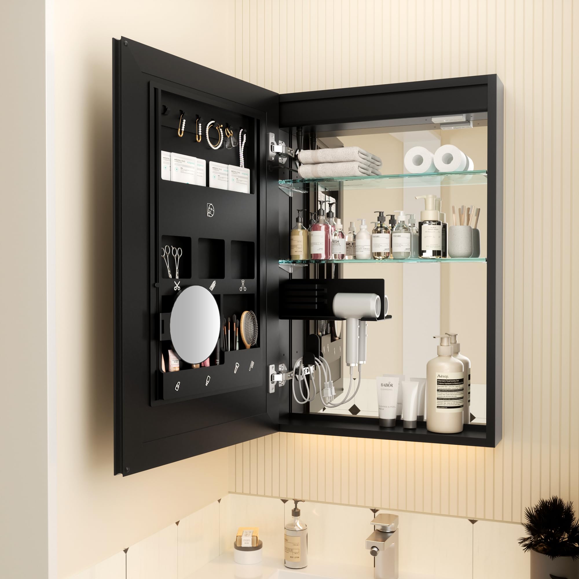 Bathroom Mirror Cabinet, 20x30 inch Bathroom Wall Cabinet with Magnifying Vanity Mirror, Back Panel Functional Partition Storage Organizer Jewelry Cabinet Medicine Cabinet with Hair Dryer Shelf