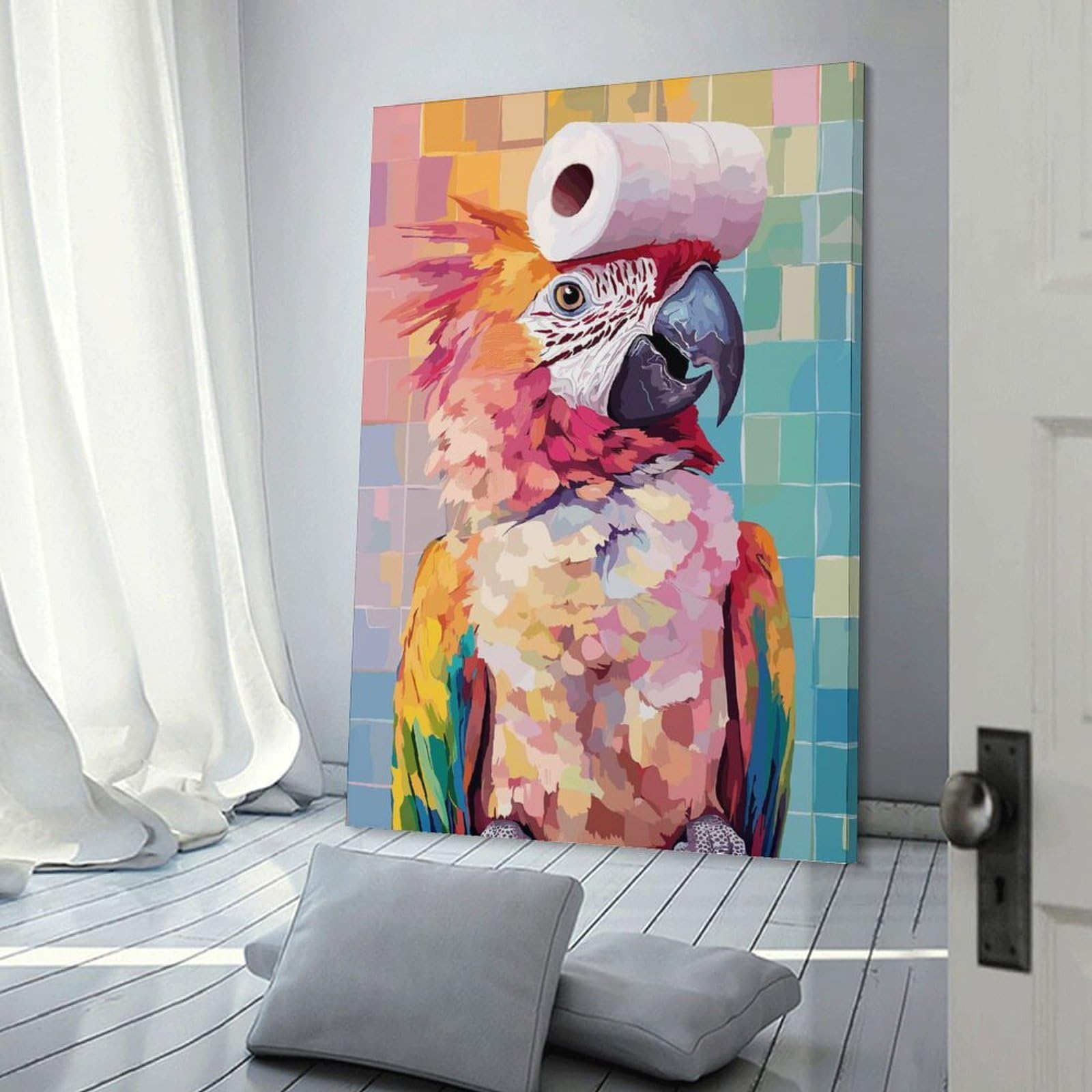 Junmoney Frame-Style-10 Parrot With Toilet Paper Hat Wall Decor Canvas Print, 24X36inch(60X90cm), For Lounge, Bedroom Or Personal Spaces, Thoughtful Wall Decor For Art Lovers