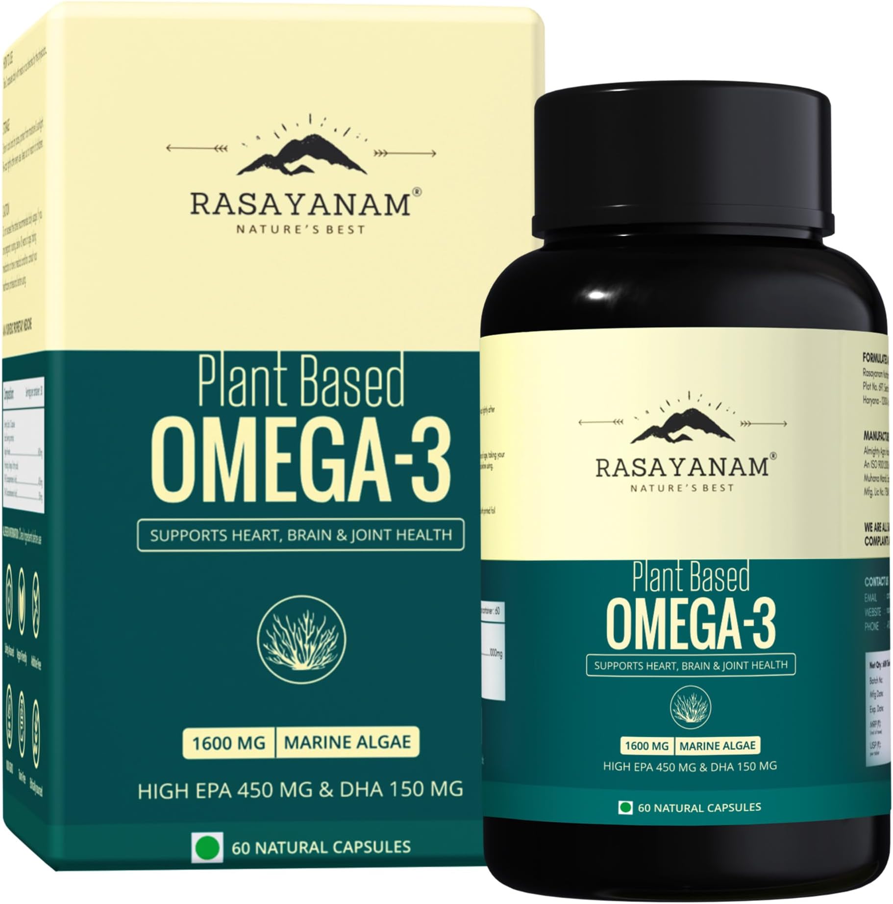 Rasayanam Plant Based Omega-3 Capsules, 1600mg | Gelatin Free, No Burps, No Fish Oil, Pure Algae | 450mg EPA & 150mg DHA, Better Joint & Heart Health | Vegetarian Omega 3 Supplement - 60 Capsules