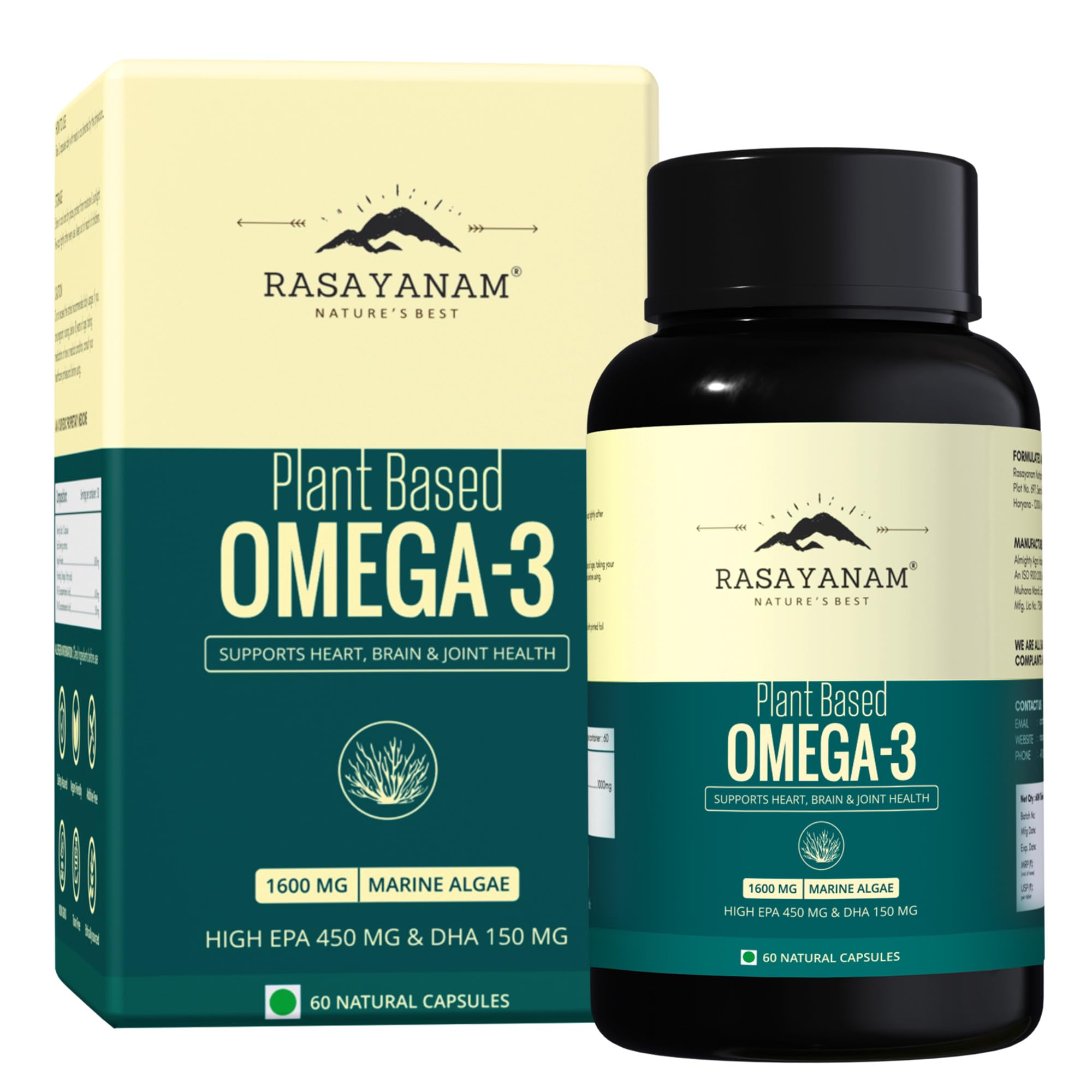 Rasayanam Plant Based Omega-3 Capsules, 1600mg | Gelatin Free, No Burps, No Fish Oil, Pure Algae | 450mg EPA & 150mg DHA, Better Joint & Heart Health | Vegetarian Omega 3 Supplement - 60 Capsules