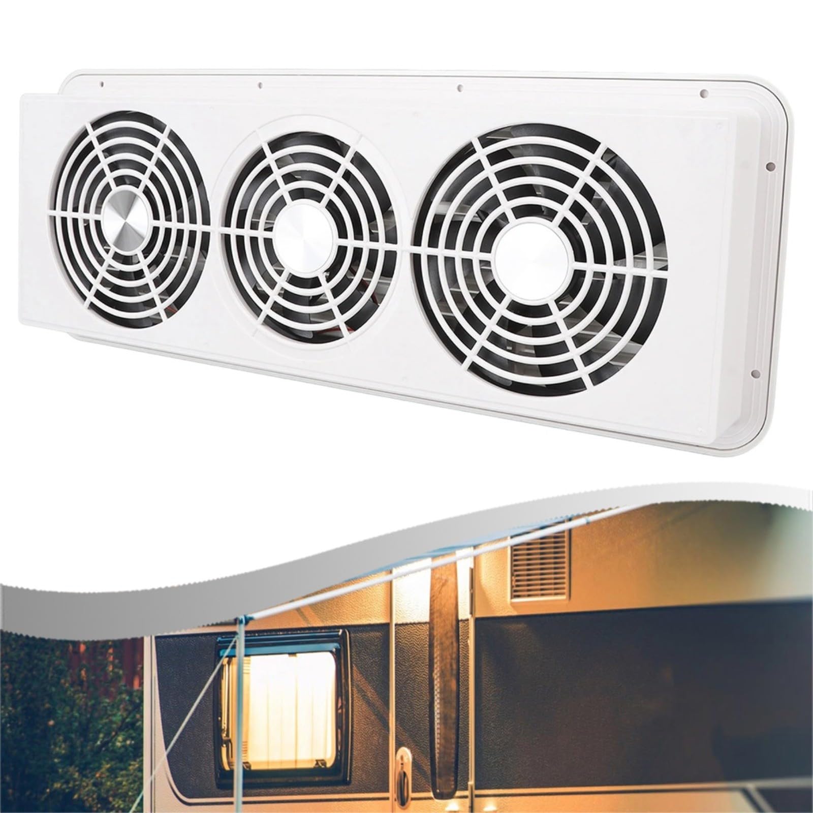 Ventola di ventilazione per frigorifero con griglia, montaggio laterale triplo di scarico per raffreddamento camper, ventola di circolazione dell'aria in ABS bianco, 479 x 189 mm