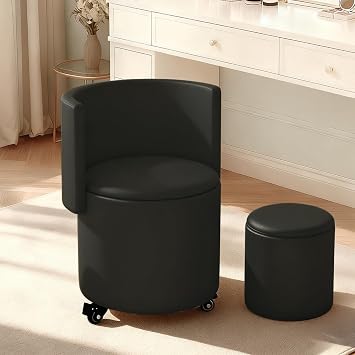 JPBSTO Rolling Round Vanity Chair with Storage, Swivel Makeup Chair with Folding Back, PU Leather Small Upholstered Ottoman for Bedroom Living Room