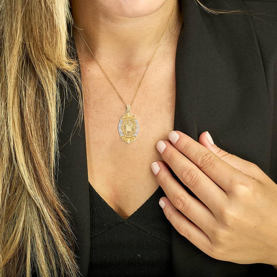 10K or 14K Two-Tone White & Yellow Gold Diamond Accented Blessed Our Lady of Guadalupe Victorian Frame Miraculous Pendant Necklace - Choice of Pendant Only or Chain Length