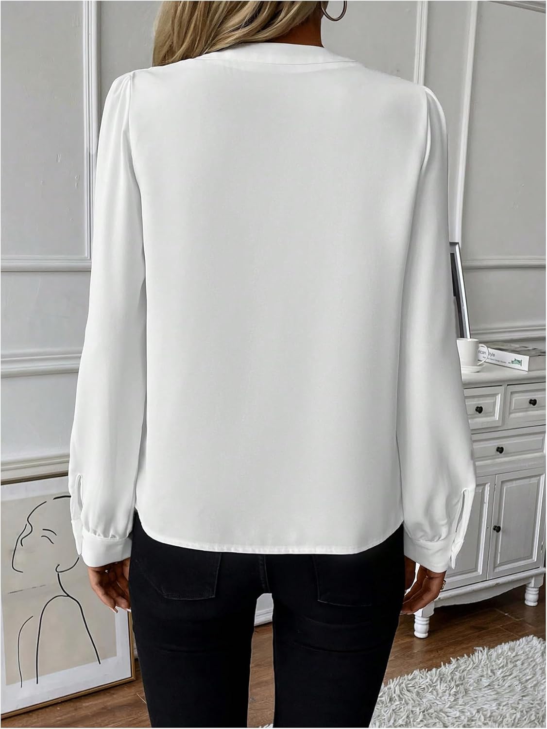 WDIRARA Women's Ruffle Trim Button Down Shirts V Neck Long Sleeve Blouse Dressy Tops - Image 2