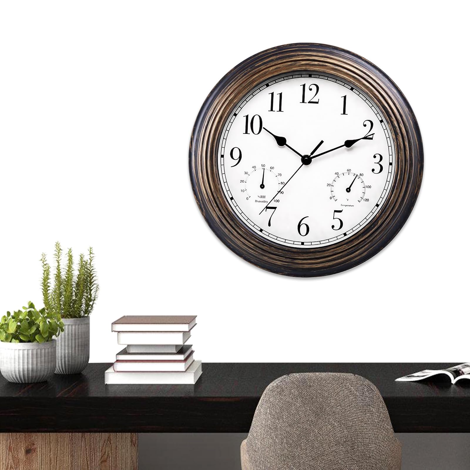 BORDEAG 12 Zoll Außenwanduhr mit Temperatur & Feuchtigkeit, wasserdichte Außenuhren mit Thermometer Hygrometer - Lautlose Wanduhr für Garten Balkon Küche Schlafzimmer (30cm Schwarz)