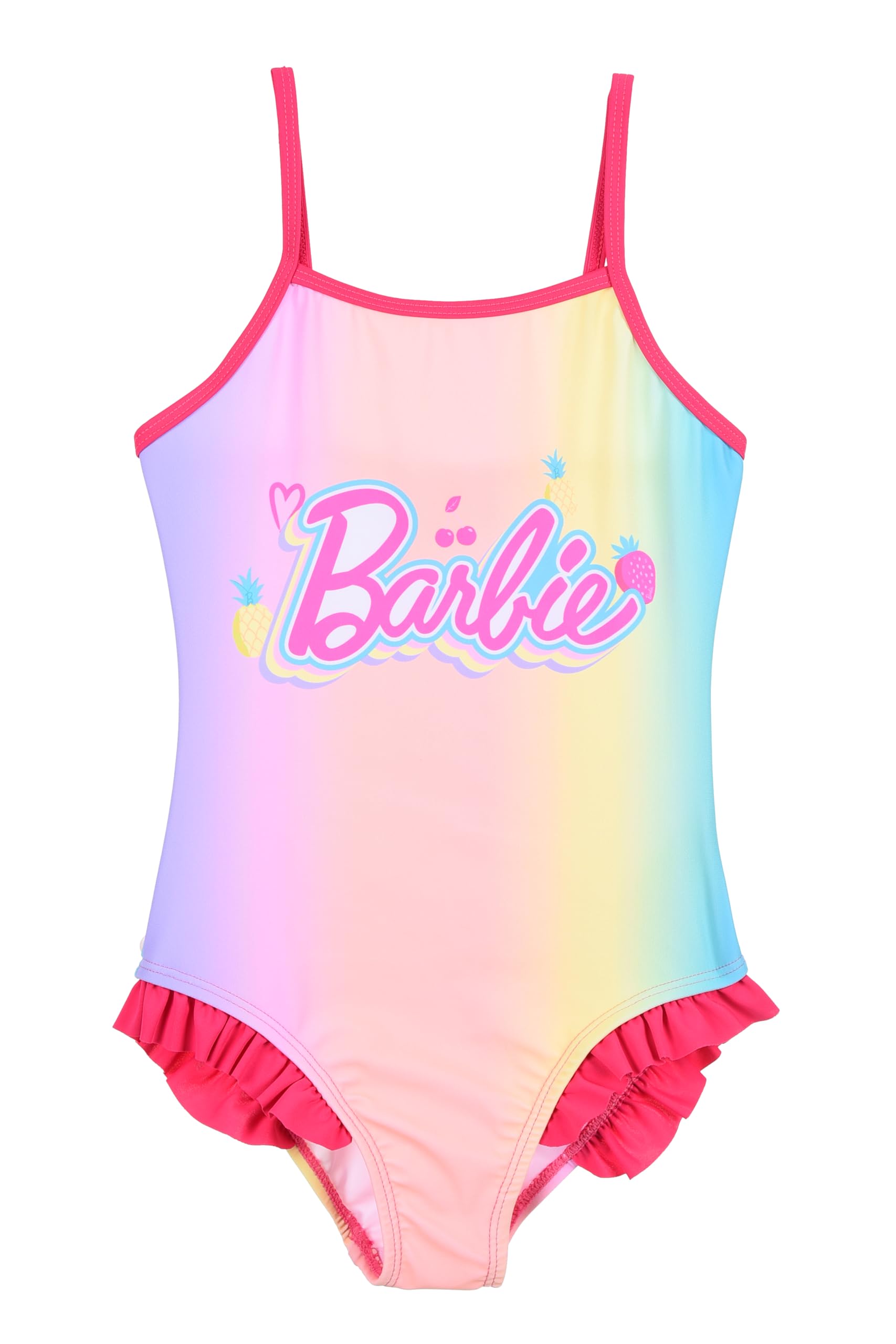 Barbie Costume da Bagno Intero per Bambina, Motivo Arcobaleno con Rouches Rosa