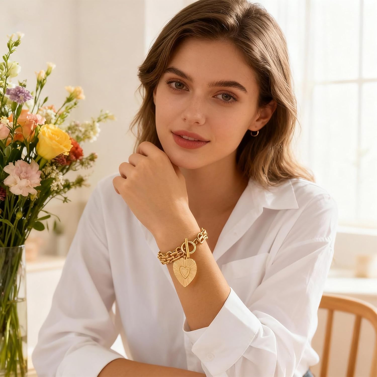 Heart Charm Bracelet for Women,Elegant Metal Big Heart Pendant Chain Bracelet,Chunky Stackable Link Chain Bracelet,Fashion Party Jewelry Accessories,Trendy Valentines Bracelet for Women - Image 6