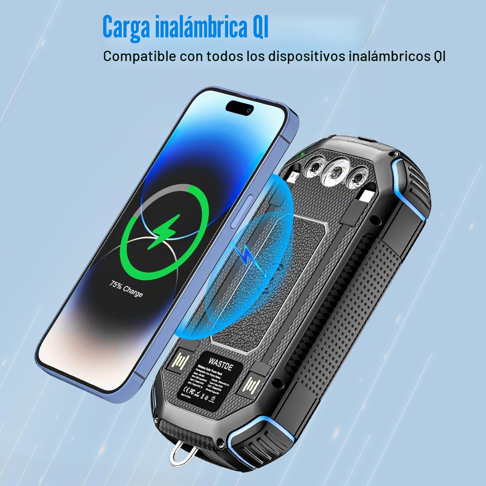 Banco de energía solar inalámbrico, 26800 mAh, con 3 cables, USB-C 15 W, carga rápida, 4 salidas, 3 entradas para teléfono móvil, cargador solar, batería externa con linterna