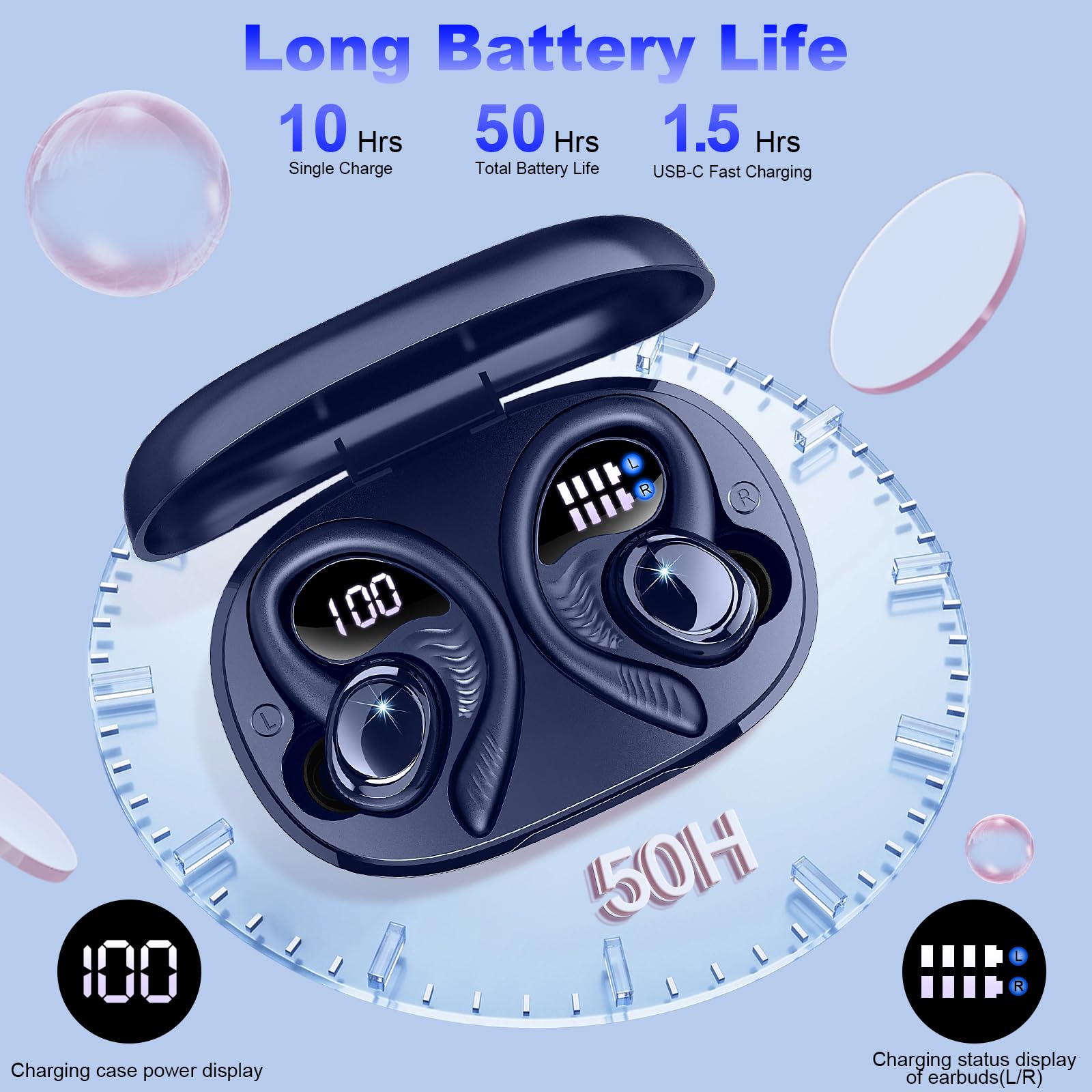 Auriculares Inalámbricos Bluetooth Deportivos, 60H Auriculares Bluetooth 5.4 con HiFi Estéreo, 4 ENC Mics, 2026 Cascos Inalambricos con Cancelación RuidoI/IP7 Impermeable/Azul Auriculares para Correr