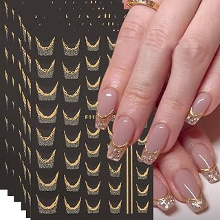 French Nail Art Stickers 6 Sheets Gold Glitters Nail Decals 3D Self Adhesive French Tip Nail Sticker Gold Line Nail Designs Elegant Manicure Accessories for Women DIY Daily Nail Art Decoration