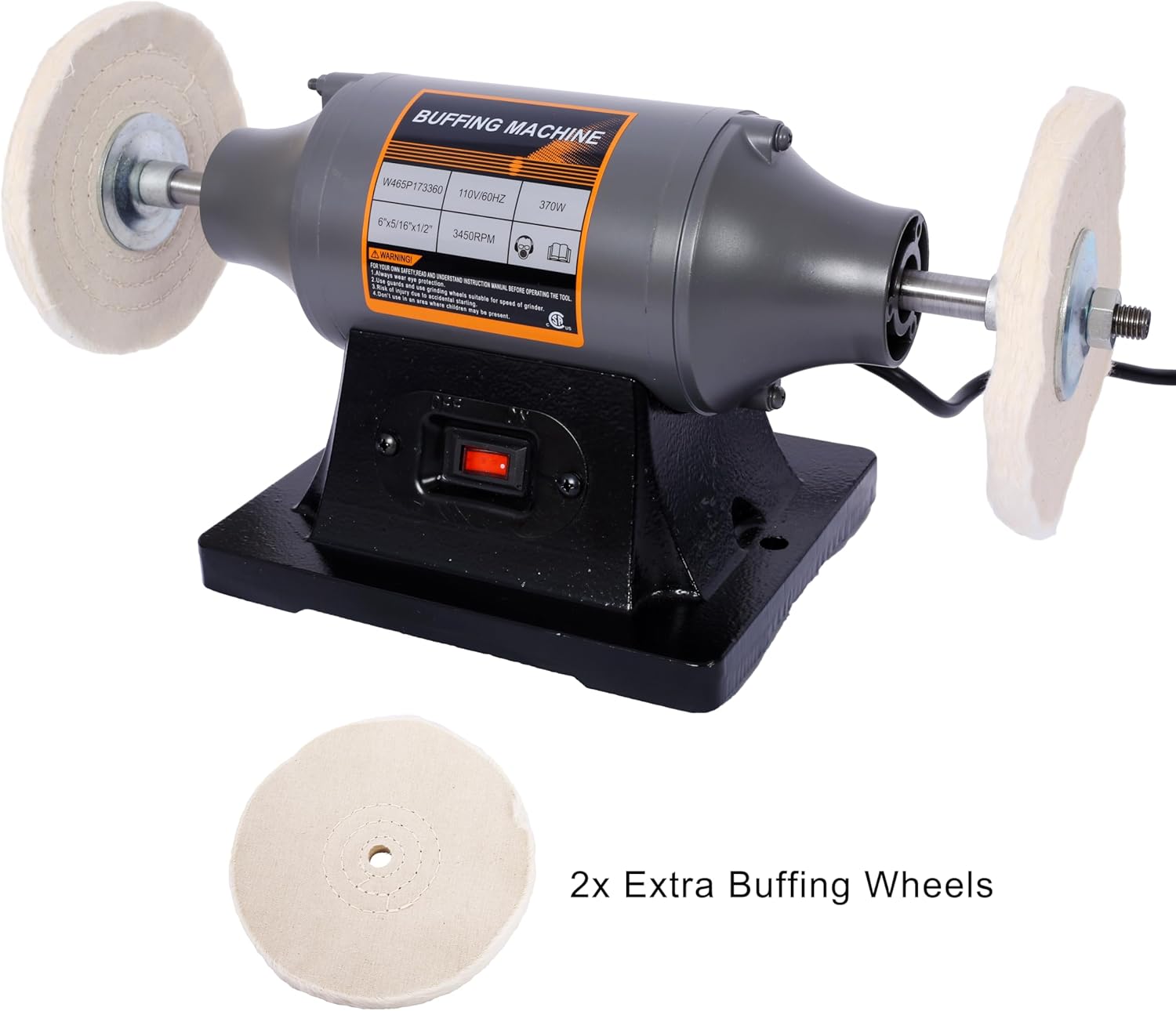 Bench Buffer Polisher Motor with 6 Inch Dual Buffering Wheels, Includes 4PCs 80Ply Thic Buffing Wheels for Buffing Metal, Jewelry, Wood, Jade, and Plastic Parts