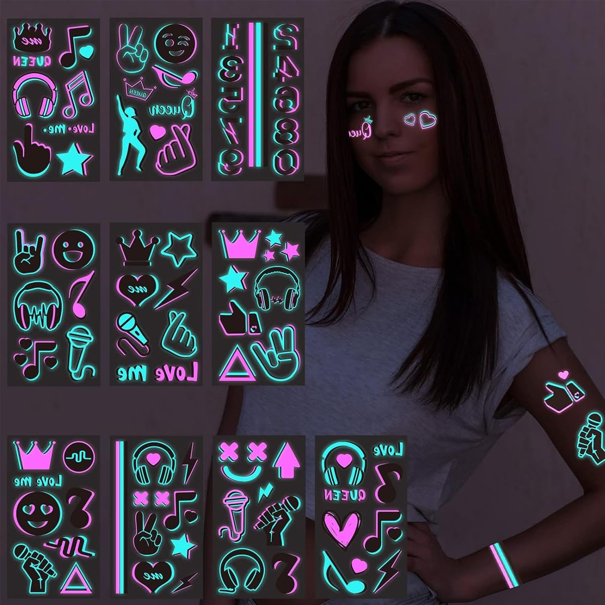 MAYCREATE® 10 Sheets Temporary Tattoo Sticker for Men and Women Glow In The Dark Tattoos Waterproof Easy to Use Neon Temporary Tattoo Makeup Supplies Tattoos Sticker for Festival, Party, Club