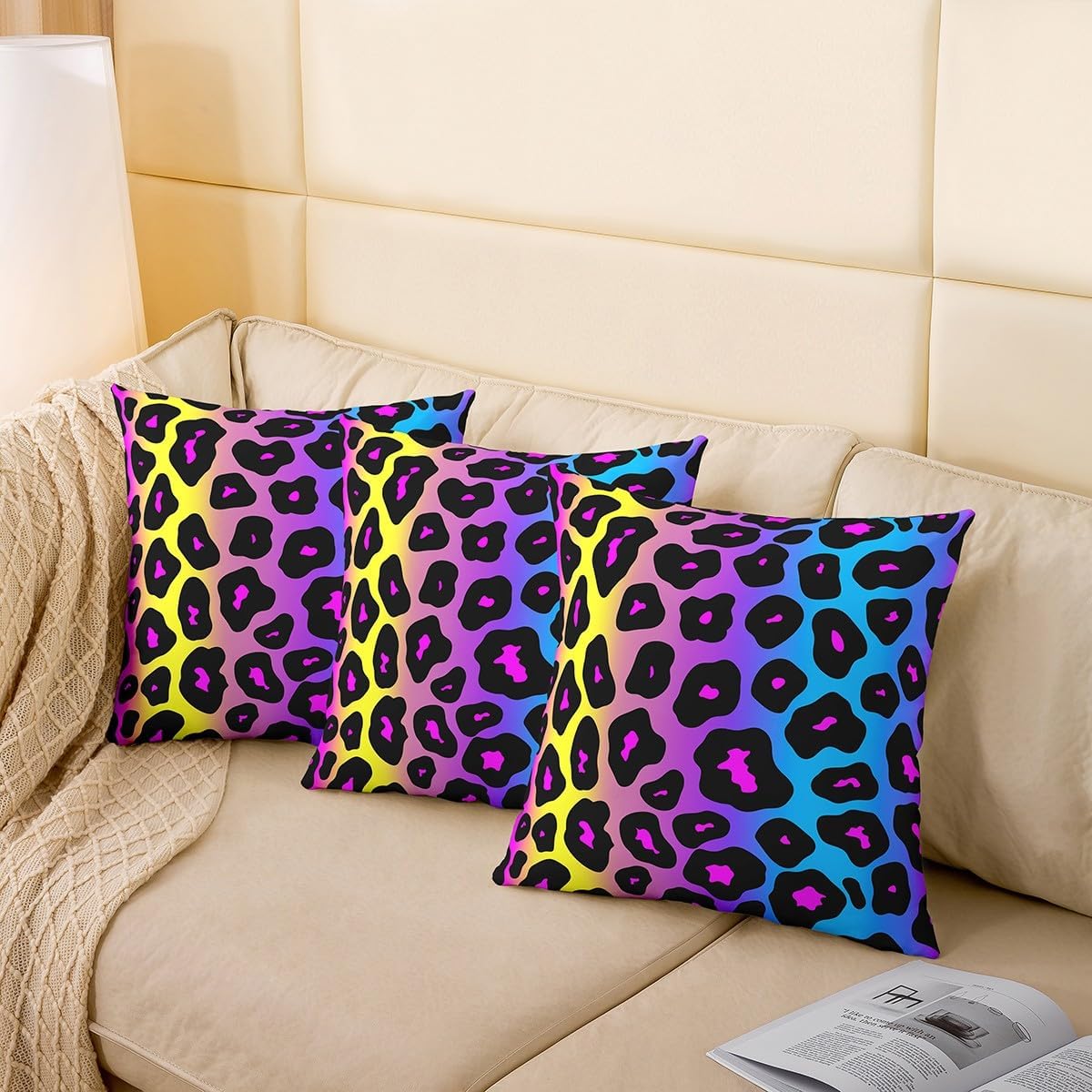 Leopard Throw Pillow Covers 20x20 Set of 4, 3D Animal Print Pillow Covers For Outdoors Camping Car, Wildlife Cheetah Cushion Covers, Gorgeous Colourful Soft Decorative Pillow Covers, Purple Blue