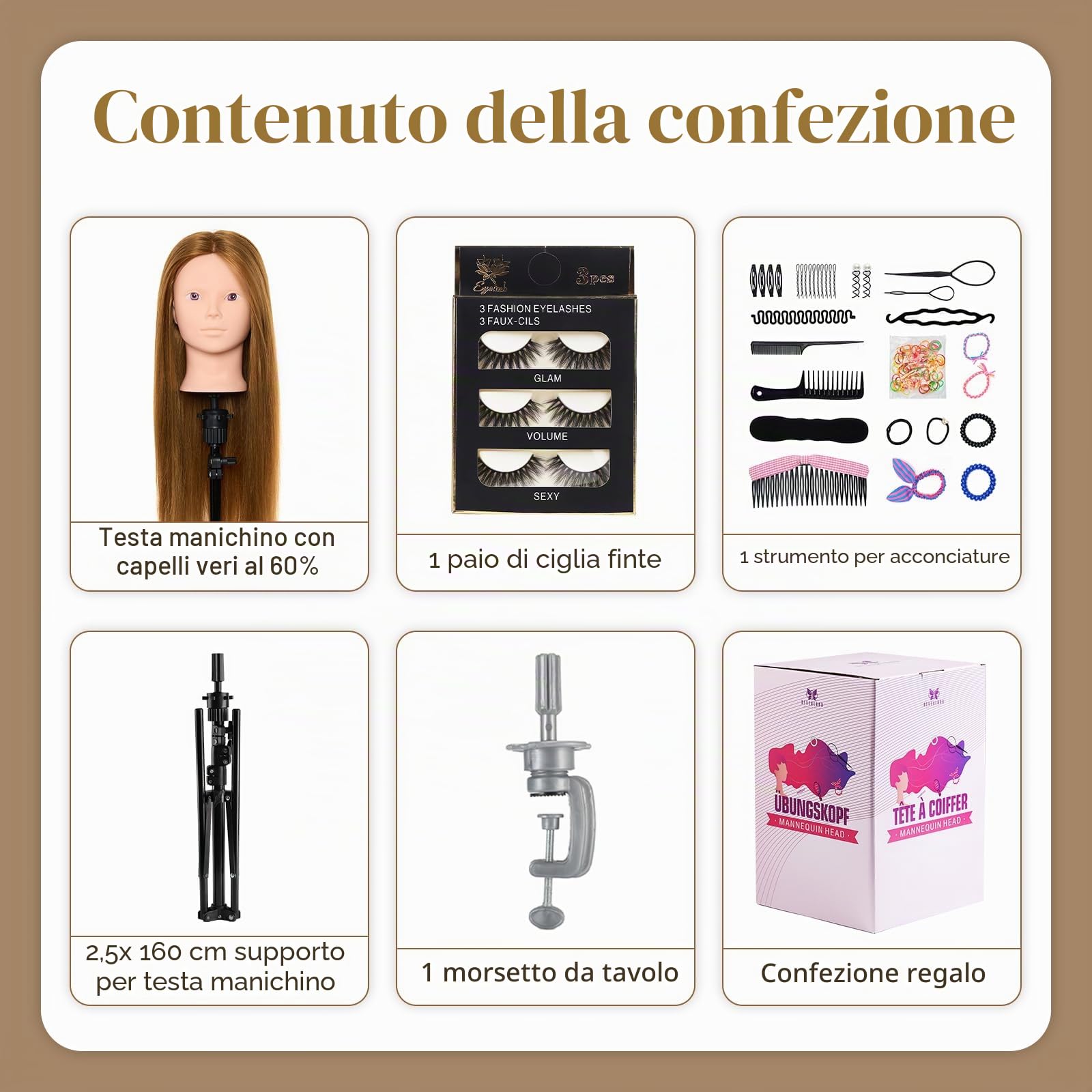 Neverland Beauty Testa per Parrucchieri con Treppiede 60% Capelli Umani Veri 71cm Testa Bambola da Truccare e Pettinare con Morsetto