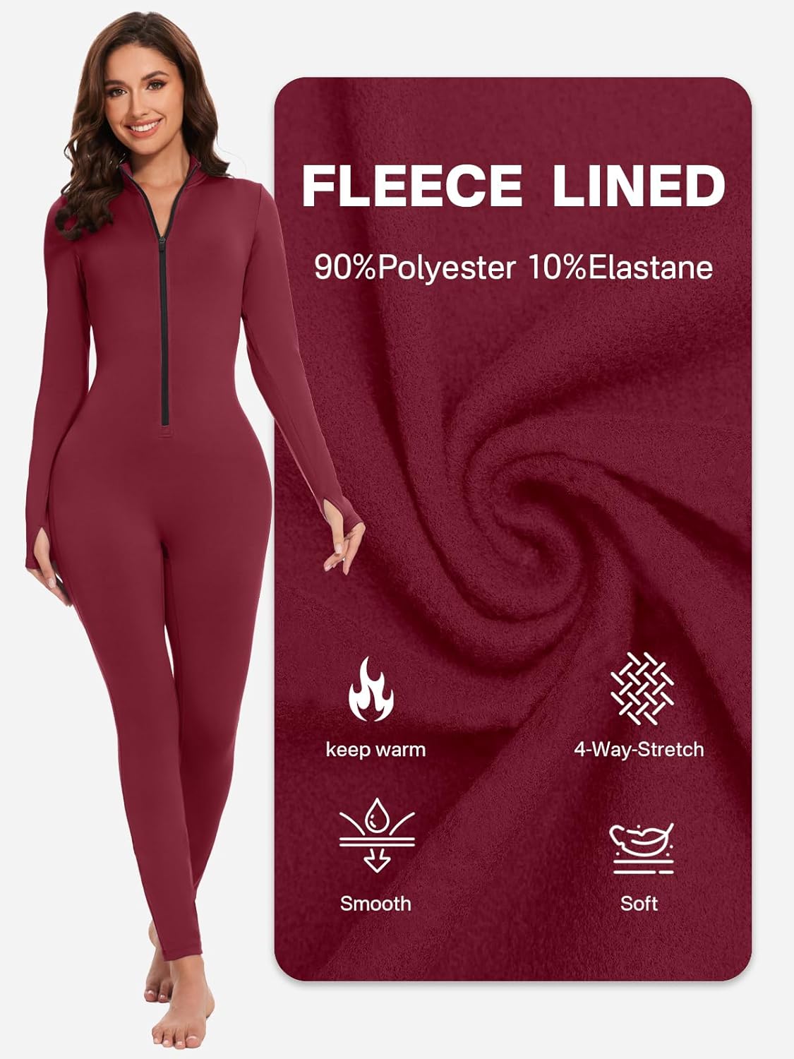VUTRU Long Sleeve Jumpsuit for Women One Piece Fleece Romper Zip Front Workout Bodycon Full Body Yoga Jumpsuits - Image 3