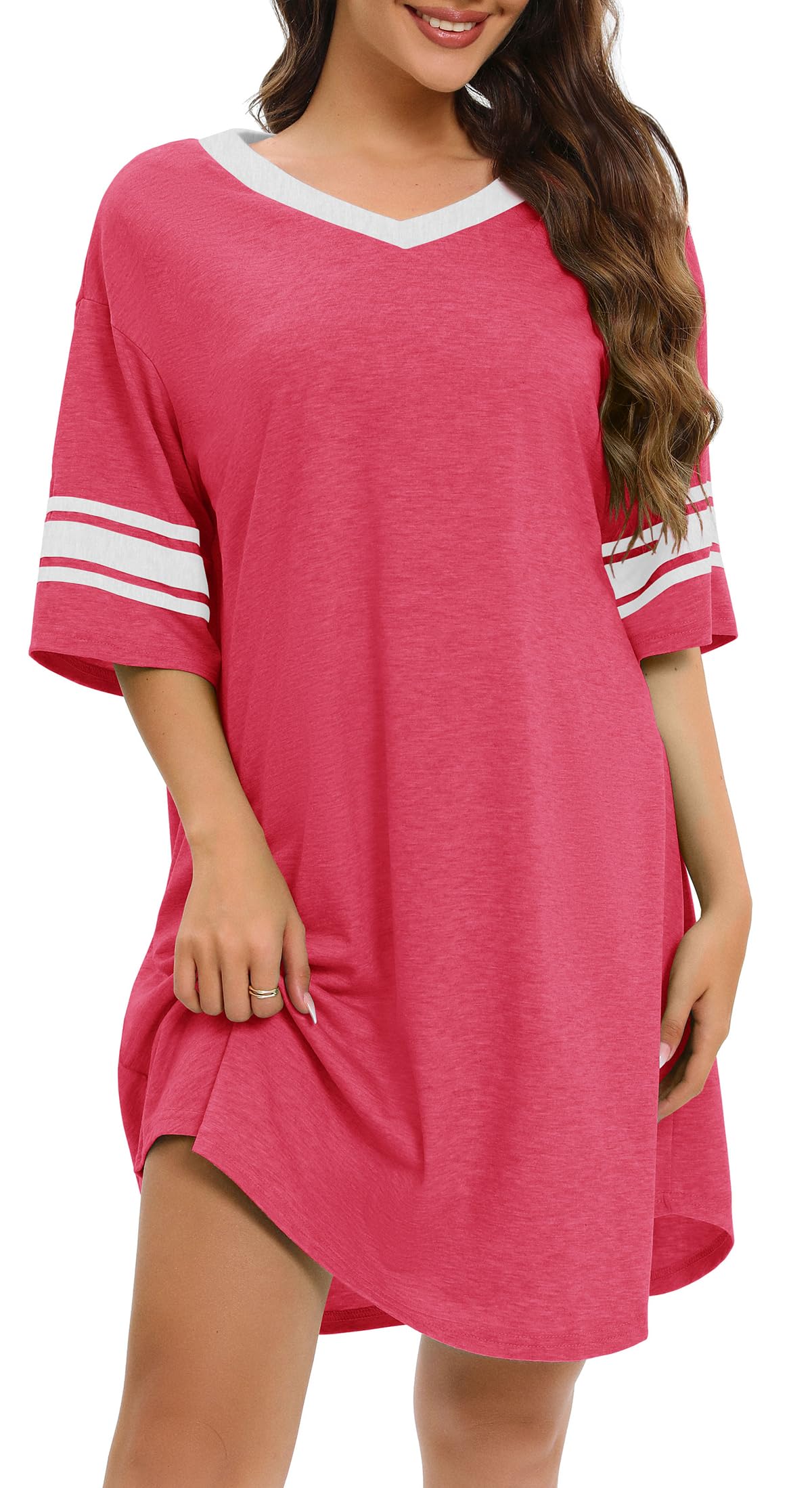 ADOREJOY Women’s Nightgown Casual Sleep Shirt V Neck Night Dress Short Sleeve Basic Loungewear