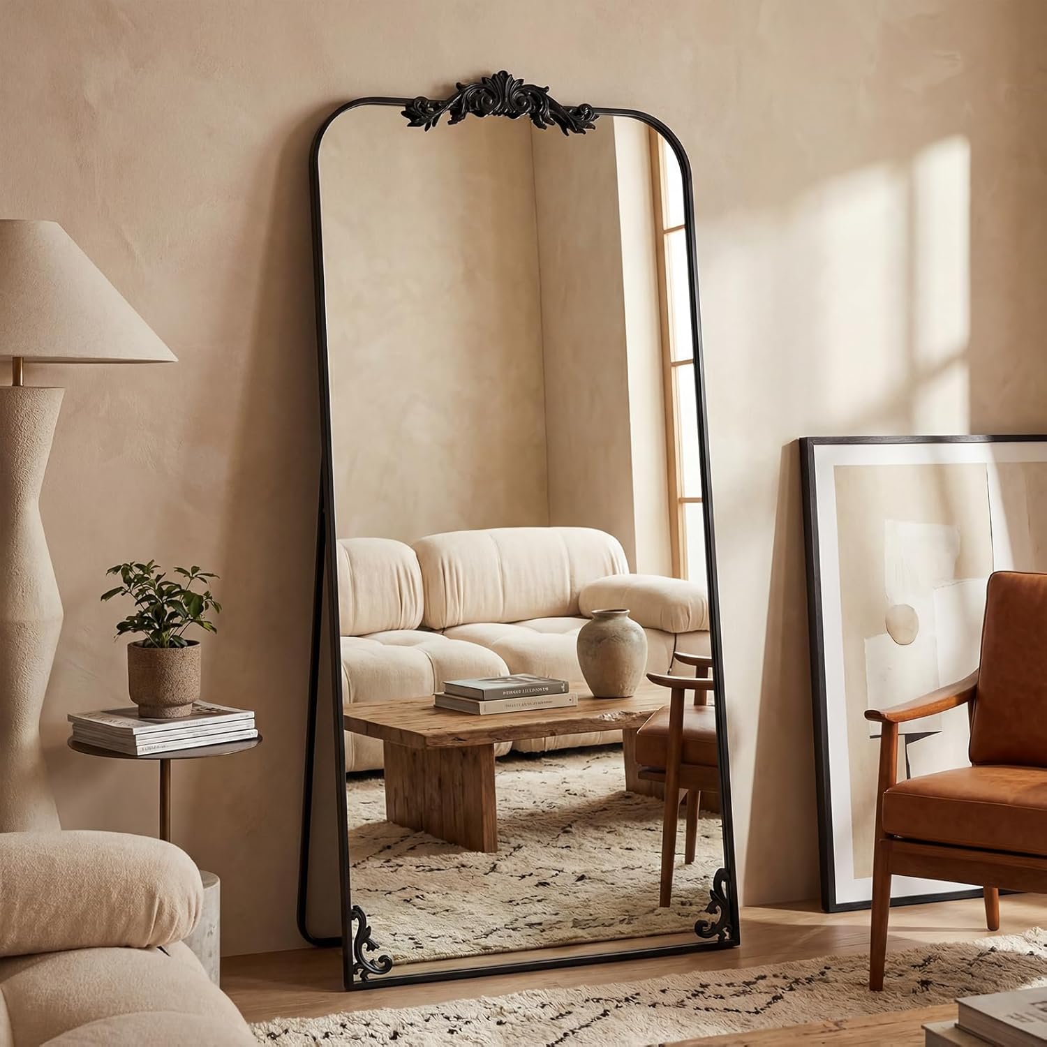 Antok Arched Full Length Mirror, 32"x71" Floor Mirror with Carved, Full Body Mirrors for HomeDecor, Standing/Halling Large Wall Mirror for Bedroom, Living Room, Cloakroom, Black, Luxury Style - Image 2