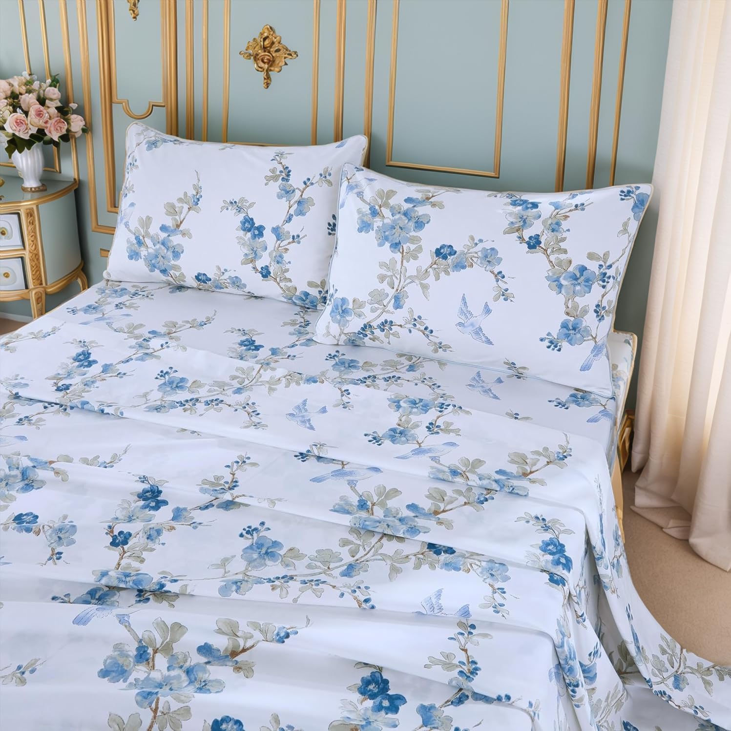 Brandream Bed Sheet Set Twin Size Botanical Floral Birds Luxury Chinoiserie Blossom Bed Sheets for Women Girls Bedroom 800TC 100% Egyptian Cotton Deep Pocket, 4 Piece White Blue