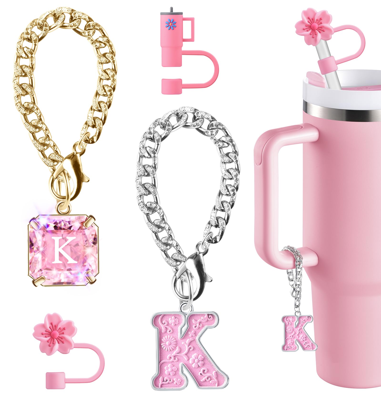 Straw Cover for Stanley Cup Accessories: Crystal Letter Charm for Stanley Cups, Preppy Simple Modern Straw Lid Cap, Cute Flower Cups Silicone Straws Toppers Covers for 30 & 40 0z Tumblers with Handle