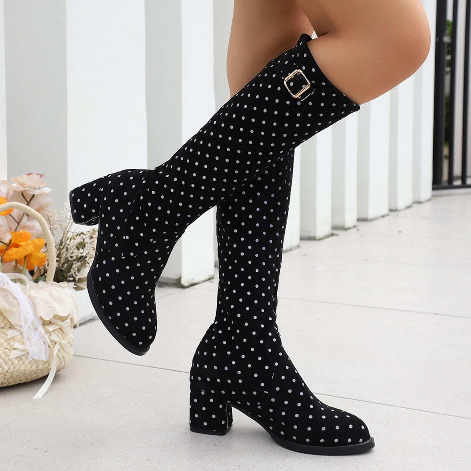 Eleganti Stivali Al Ginocchio Con Stampa A Pois Boots Chelsea Da Donna