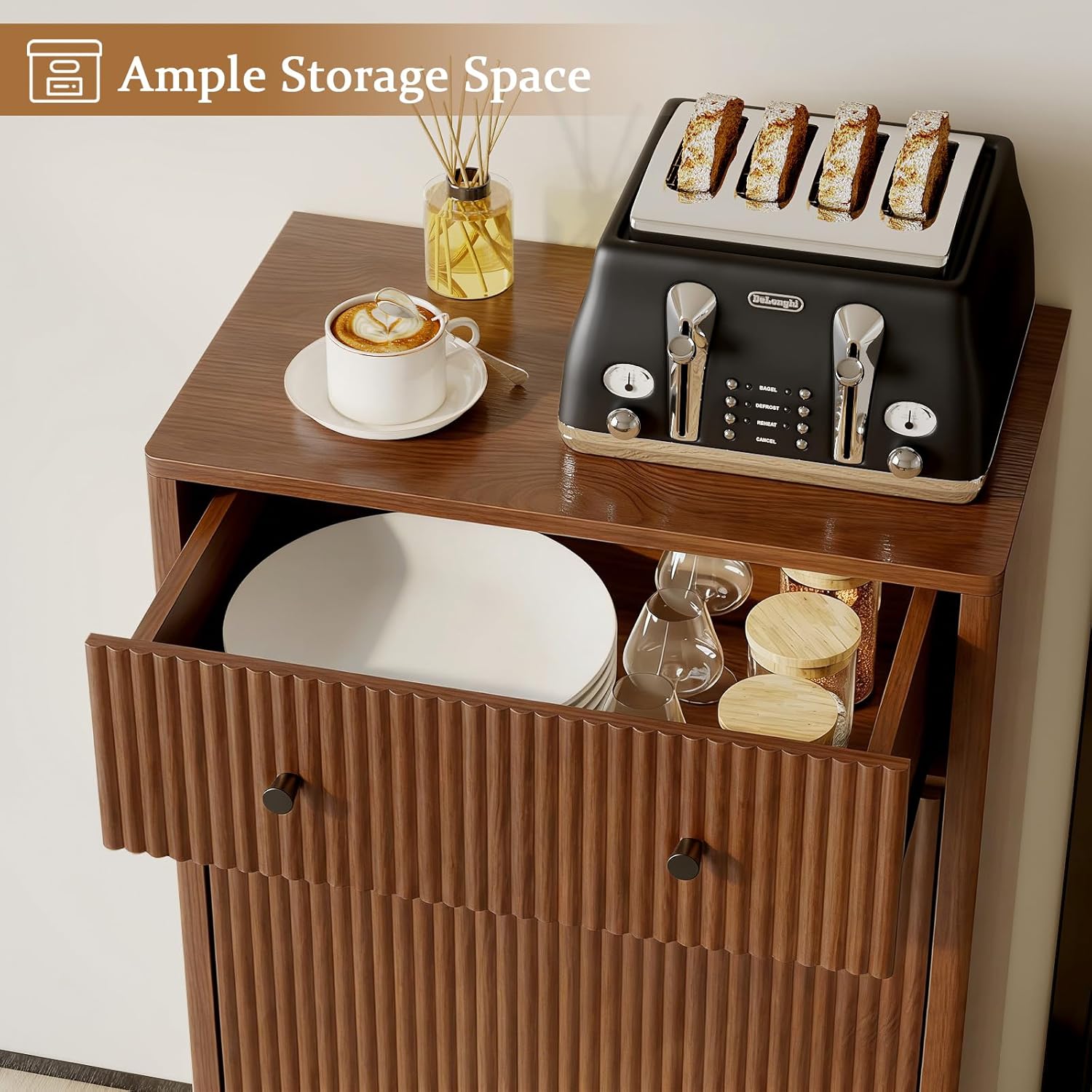 Tilt Out Trash Can Cabinet 13 Gallon, Wooden Freestanding Hidden Kitchen Trash Bin Cabinet with Drawer, Laundry Hamper Cabinet, Garbage Can Holder for Kitchen Living Room Bathroom,Walnut